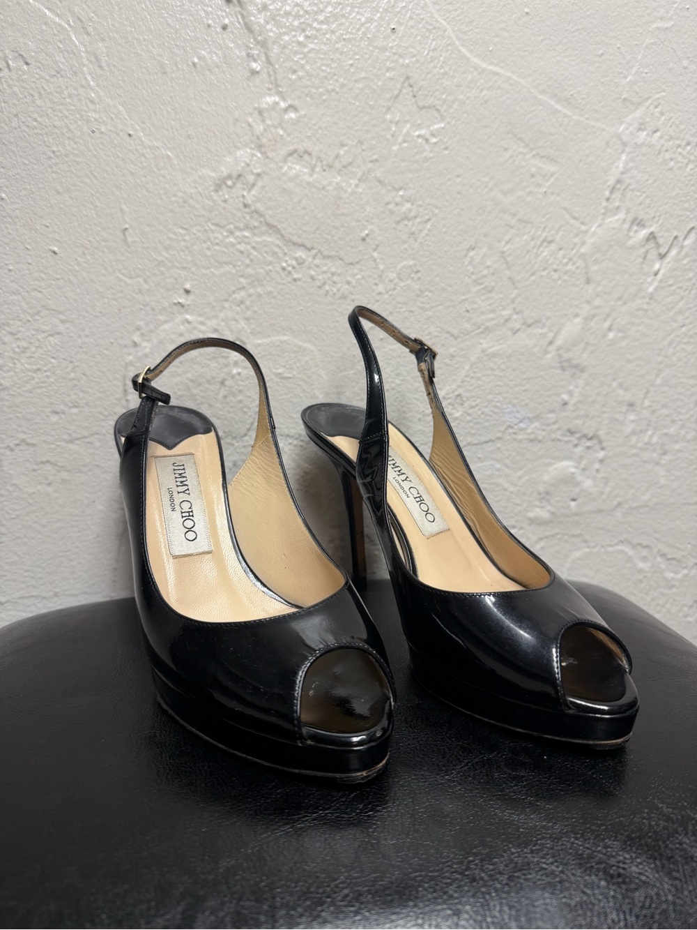 Jimmy Choo Black Patent Leather Peep-Toe Slingback Heels - Picture 13 of 15
